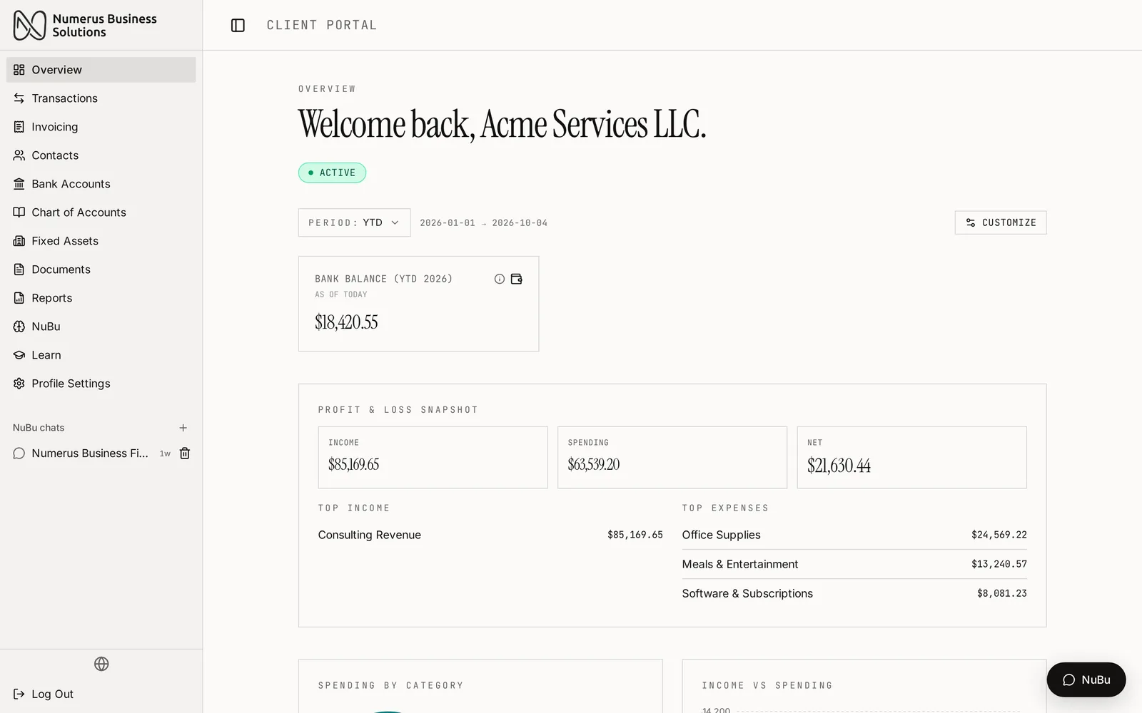 Numerus app overview showing bank balance and profit and loss