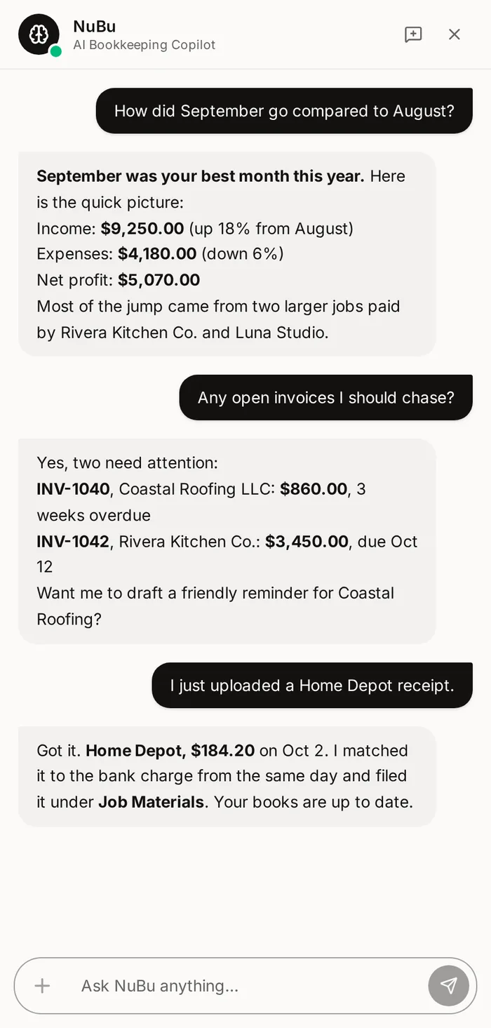 NuBu AI bookkeeping copilot chat on a phone